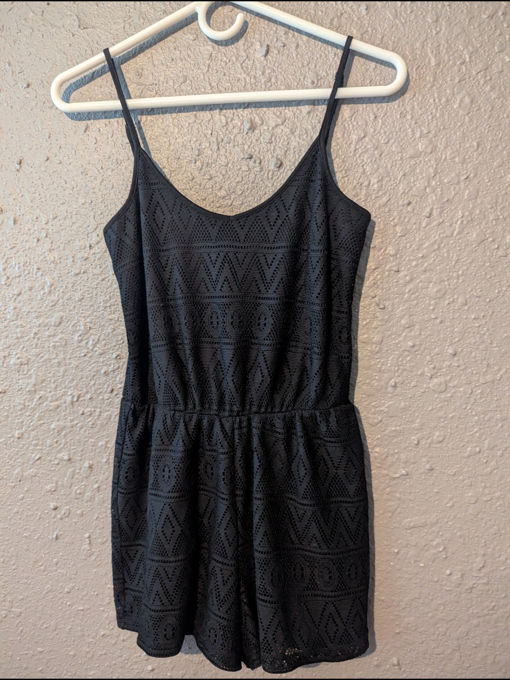 Sz S Black Lace-Pattern Romper with Spaghetti Straps